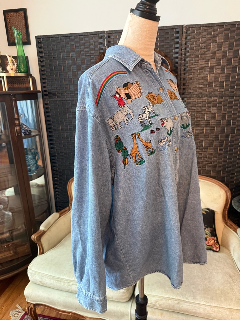 🌈🦁 Vintage Carolina Colours Noah’s Ark Embroidered Denim Shirt XL - Picture 5 of 12